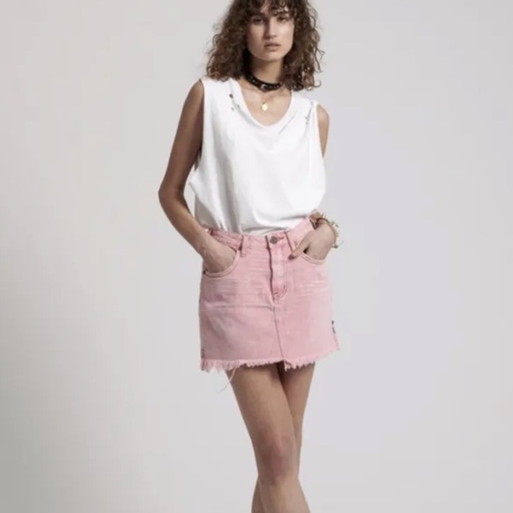 OneTeaspoon Dresses & Skirts - ONE TEASPOON- 2020 Mini Skirt Evil Eye Pink High Waist Denim Raw Hem